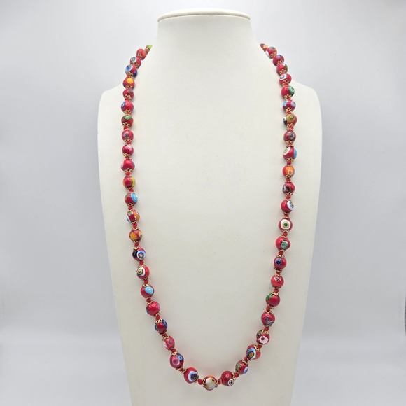 Red Millefiori Art Glass Necklace Italian Venetian Murano Italy 24" 8mm Vintage - Picture 2 of 4